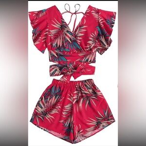 2 Piece Boho Butterfly Sleeve Crop Top Set